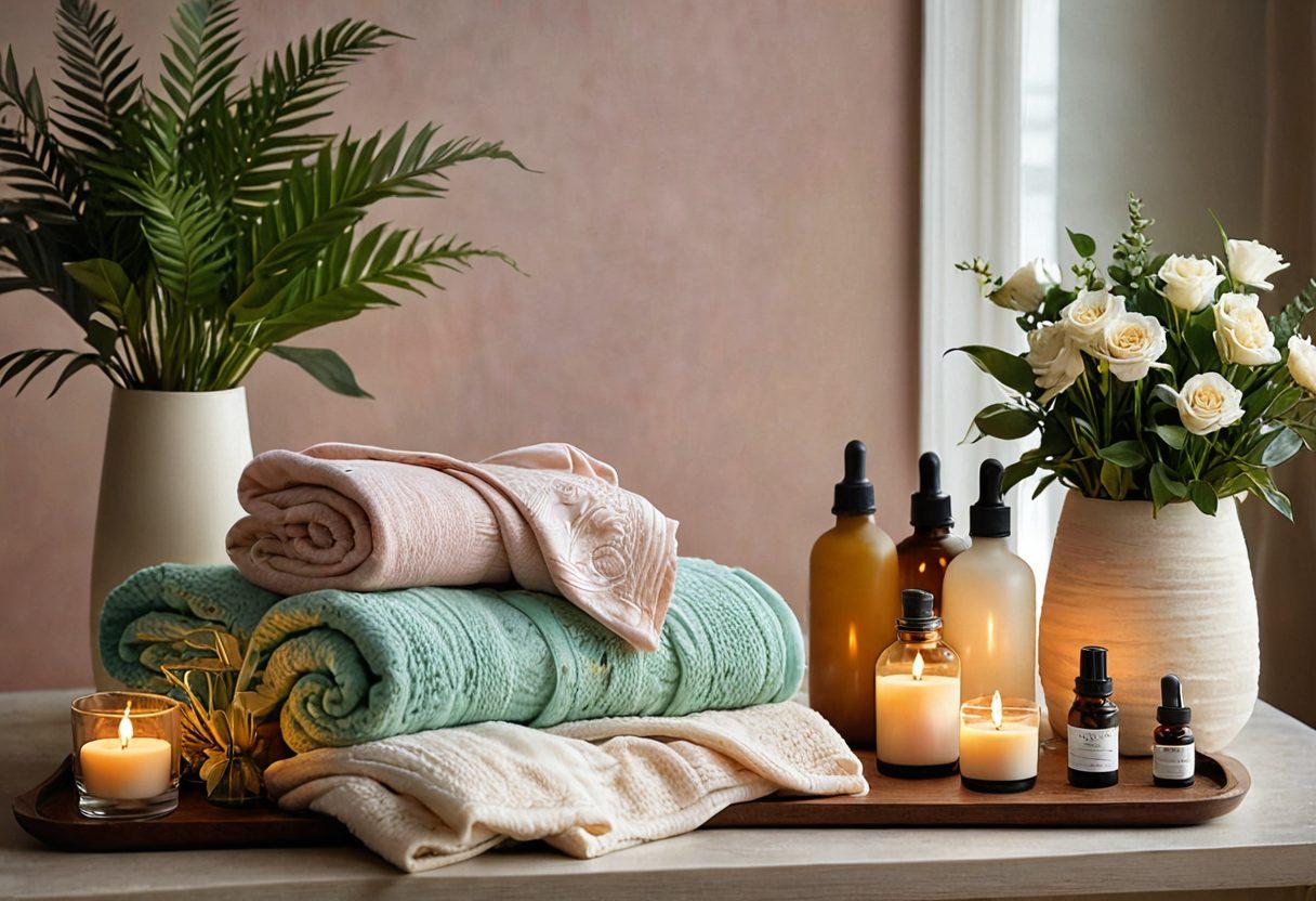 A tranquil living space featuring elegantly arranged aromatherapy diffusers, candles, and essential oil bottles. Soft, diffused light casts a warm glow over lush house plants and floral arrangements, creating a cozy atmosphere. A person gently inhaling a calming scent while nestled in a plush blanket, showcasing the relaxing impact of scents. The color palette includes soothing pastels and earthy tones. super-realistic. vibrant colors. warm lighting.