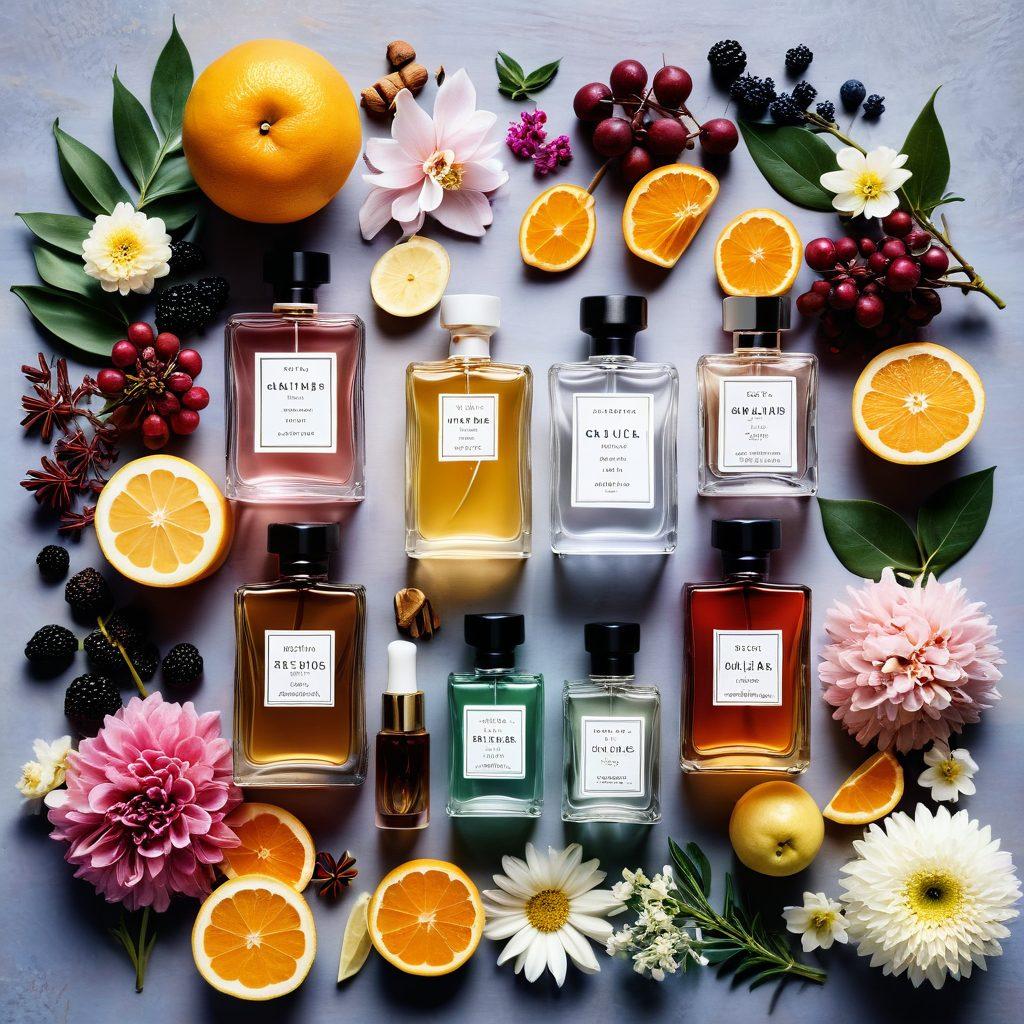 A beautifully arranged flat lay of various perfume bottles and aromatic ingredients like flowers, spices, and fruits, surrounded by soft, glowing candlelight. The background features a subtle blend of pastel colors, evoking a sense of tranquility and elegance. The scene should invite curiosity and exploration of fragrances. ultra-realistic. soft focus. vibrant colors. elegant composition.