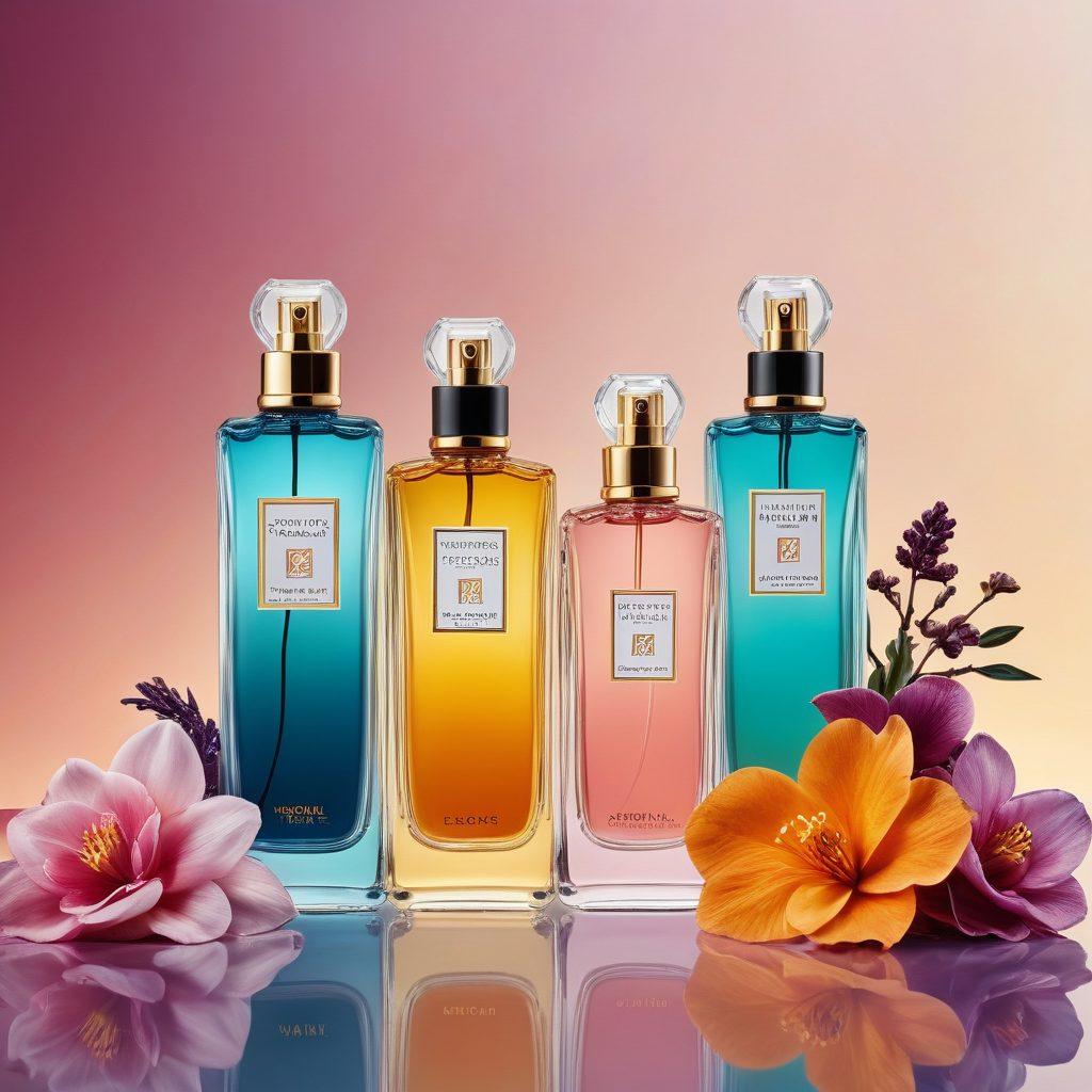 A visually captivating display of various fragrance bottles, ranging from colorful body mists to elegant, luxury perfume flacons. Incorporate delicate floral and citrus elements around the bottles to emphasize the scents, with a soft gradient background that transitions from light pastel hues to rich jewel tones. The scene invites a sense of exploration and luxury in the world of fragrances. super-realistic. vibrant colors. elegant background.